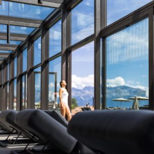Facades glazing with underwater swimming pool door and all-glass facades, Hotel Weisses Kreuz